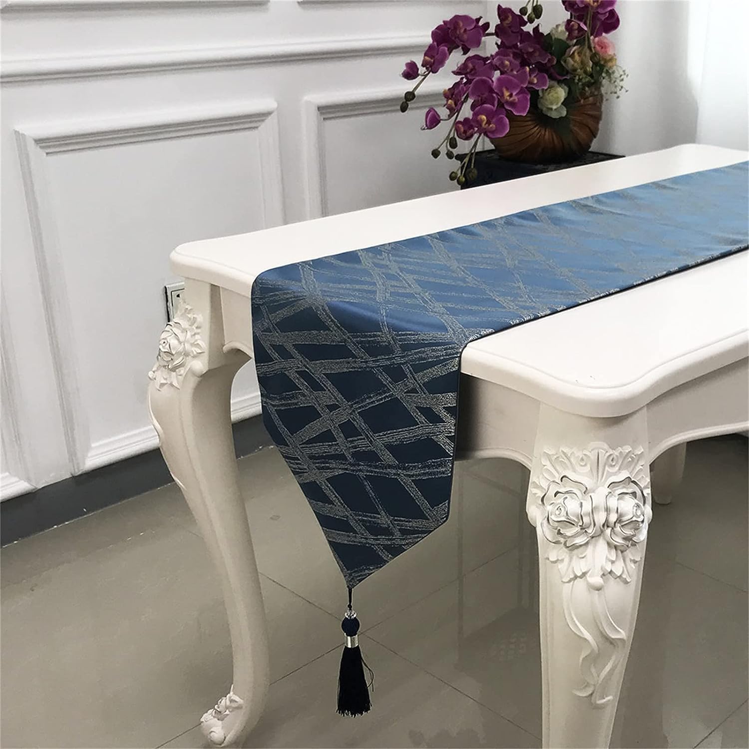 VermiS Dining Table Runners Table Runners Polyester Jacquard Elegant Table Runner with Tassel for Home Dining Table Topper Decorative Coffee Tablecloth,30x210 cm/11.8x82.6 Inch,Gray (Color : Blue)