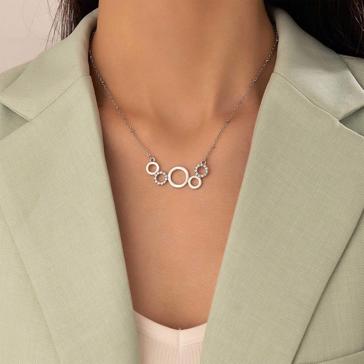 Boho Silver Geometric Necklace Cz Crystal Circle Pendant Necklace Interlocking Circle Choker Necklace Hollow Circle Chain Necklace Geometric Hollow Necklace Jewelry for Women - Image 2