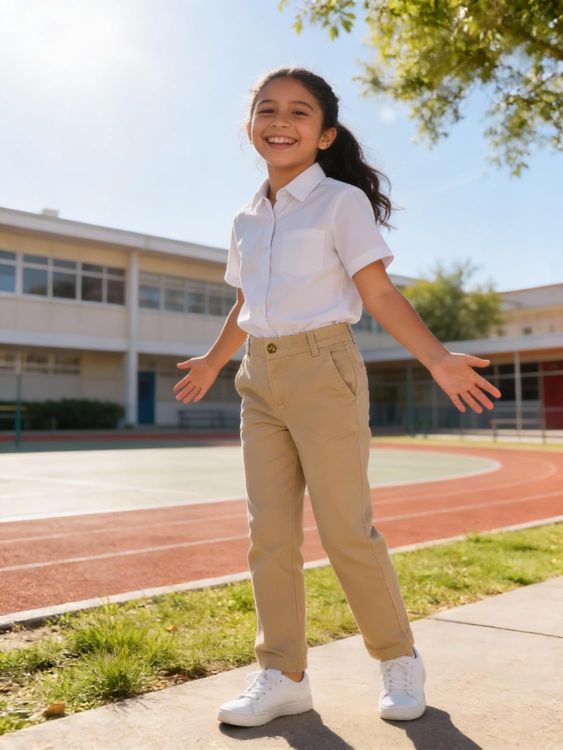 Bienzoe Girls School Uniform Pants: Adjustable Waist Cotton Stretch Slim Flat Front Big Kids Slacks