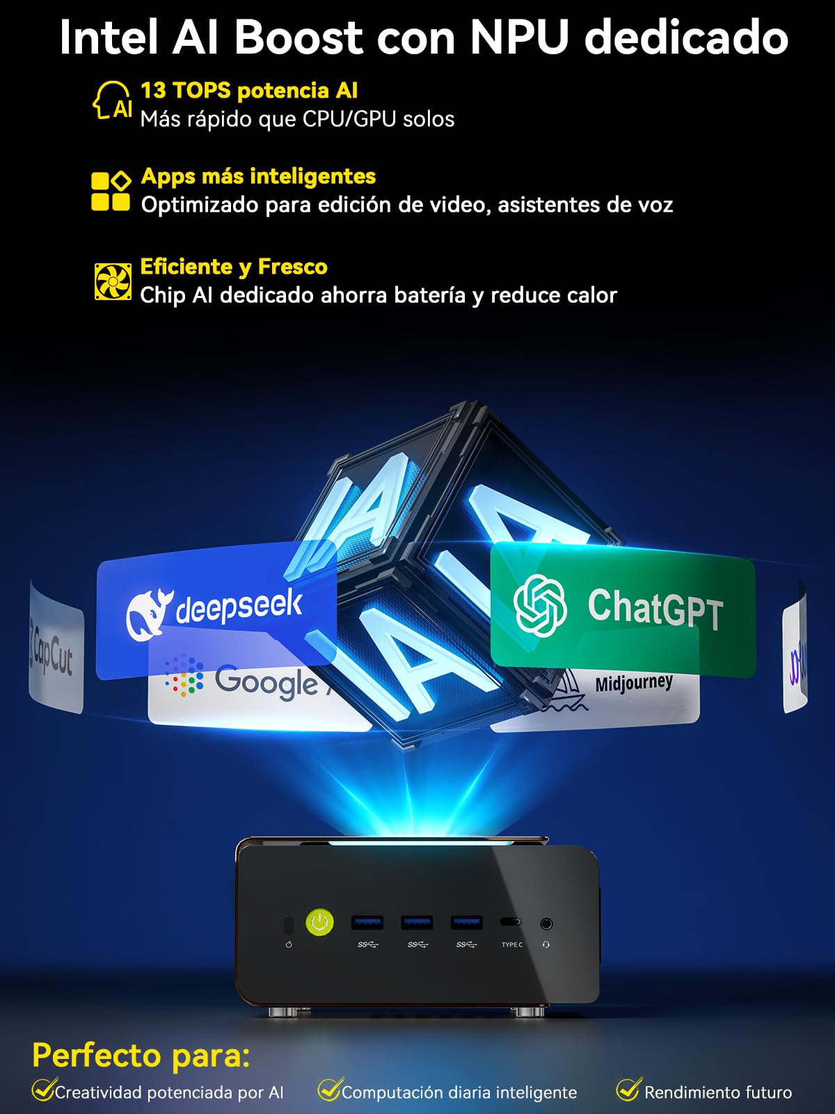 GMKtec EVO-T1 AI Mini PC Intel Ultra 9 285H, 64 GB DDR5, SSD M.2 PCIe 4.0 de 2 TB, 99 Tops, Mini Gaming PC con Oculink | Dual 2.5G LAN | USB 4.0 | Pantalla Cuádruple 8K, para el hogar y la Oficina