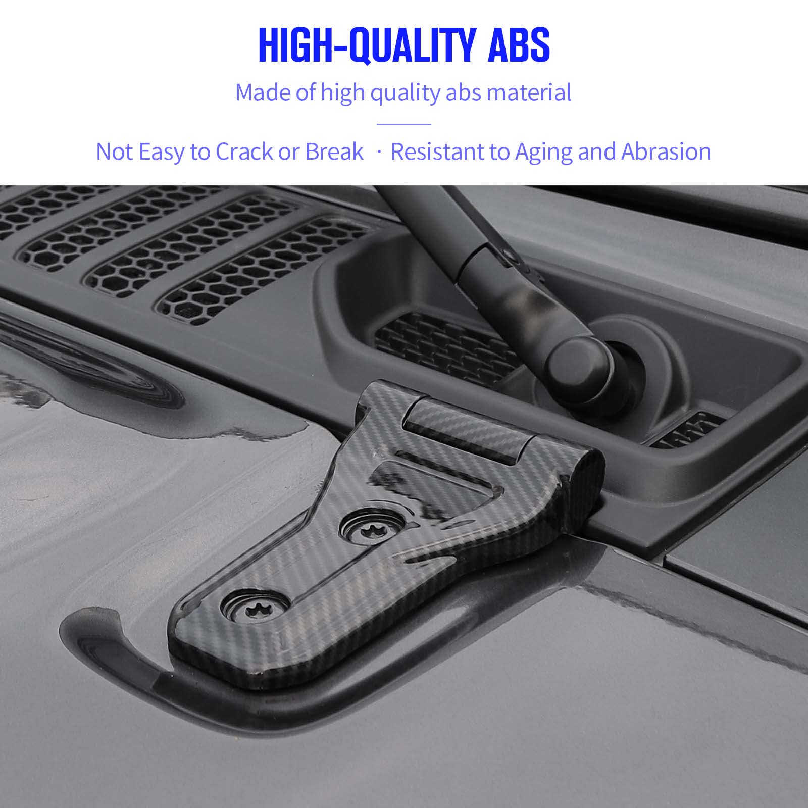 Lot de 2 protections de charnière de capot compatibles avec Jeep Wrangler JL JLU et Gladiator JT 2018-2023, accessoires extérieurs en fibre de carbone pour charnières de capot avant, plastique