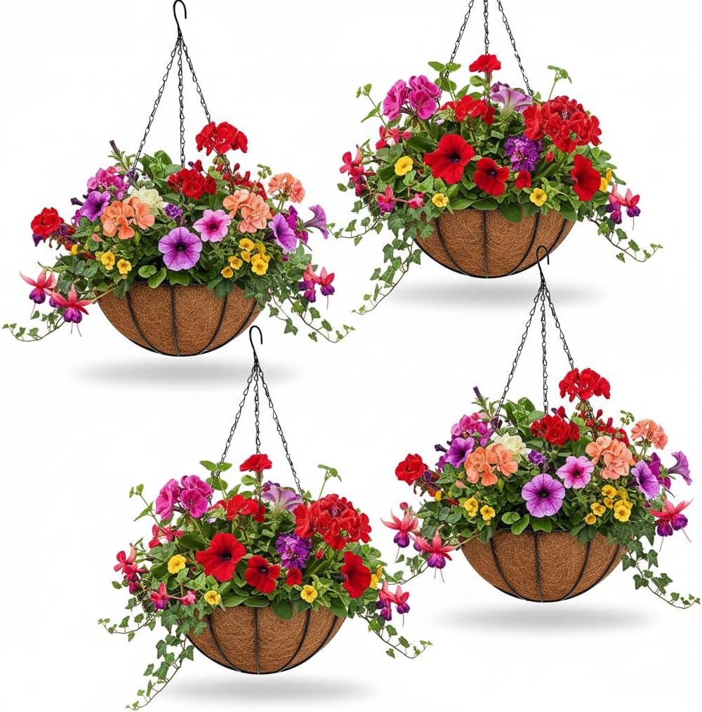 hehimhis 4 Pack 14 Inch Hanging Planters for Outdoor Plants,Black Metal Hanging Baskets Hanging Pots for Porch, Fence Flower Baskets with Coco Liners