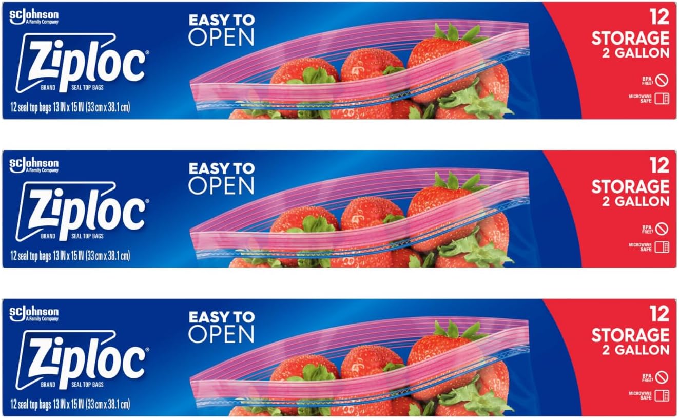 Ziploc Double Zipper Storage Bag, 2 Gallon Jumbo, 12-Count(Pack of 3), Multicolor, Ziplock