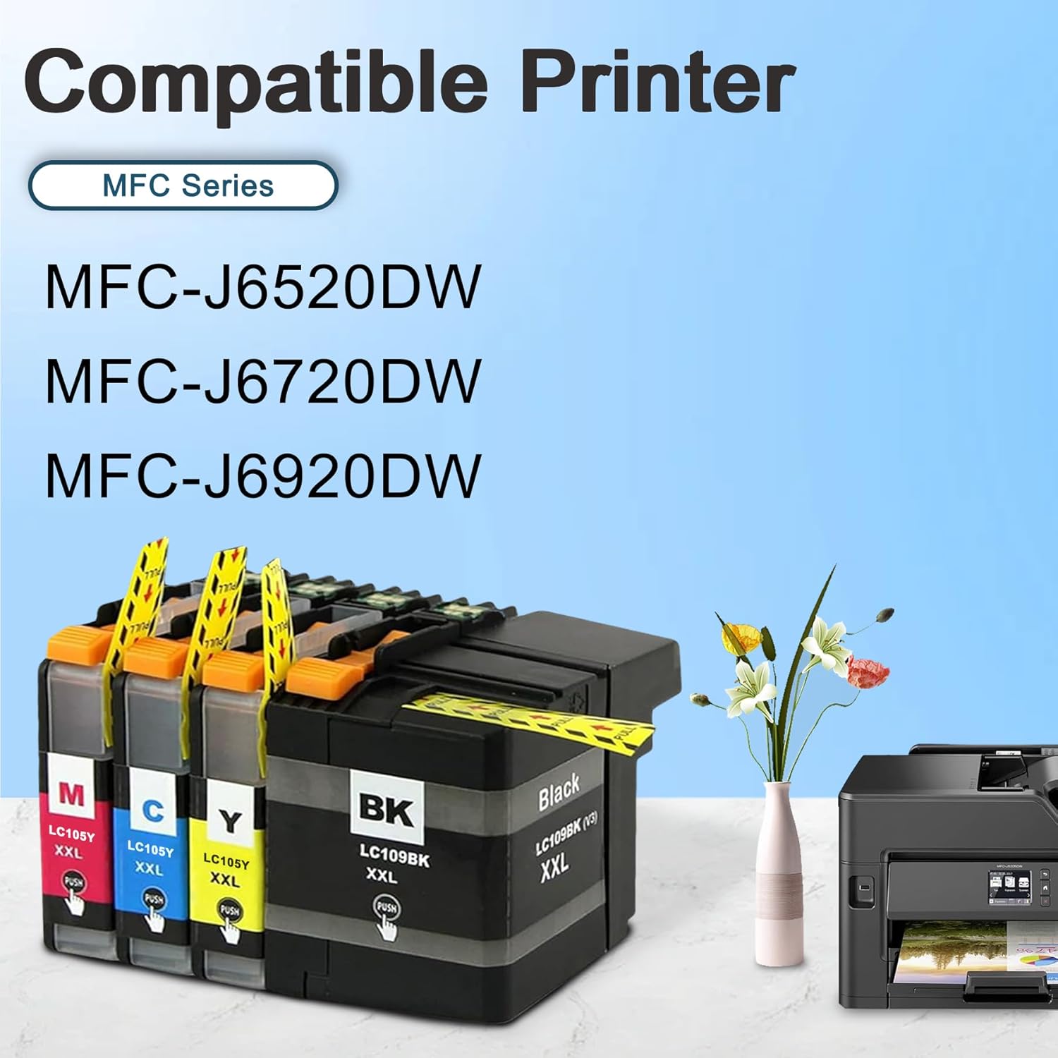 LC109 XXL Ink Cartridges Super High Yield 4-Pack (105C 105M 105Y 109BK XXL) Compatible LC109 LC105 Replacement for Brother LC109 Ink Cartridges use with Inkjet MFCJ6520DW MFCJ6720DW MFCJ6920DW Printer