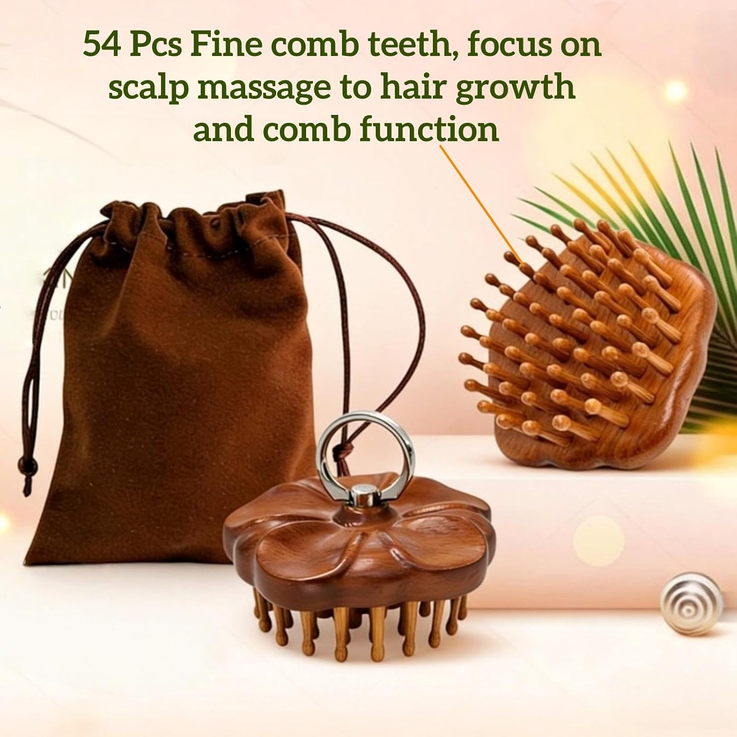 Wooden Scalp Massager for Hair Growth, Bamboo Head Brush with 54 Thin Teeth to Stimulate Circulation, Hair Massage Natural Gua Sha Matte Brush Tool for Face & Body, Flower Design with Ring (1 Pack)