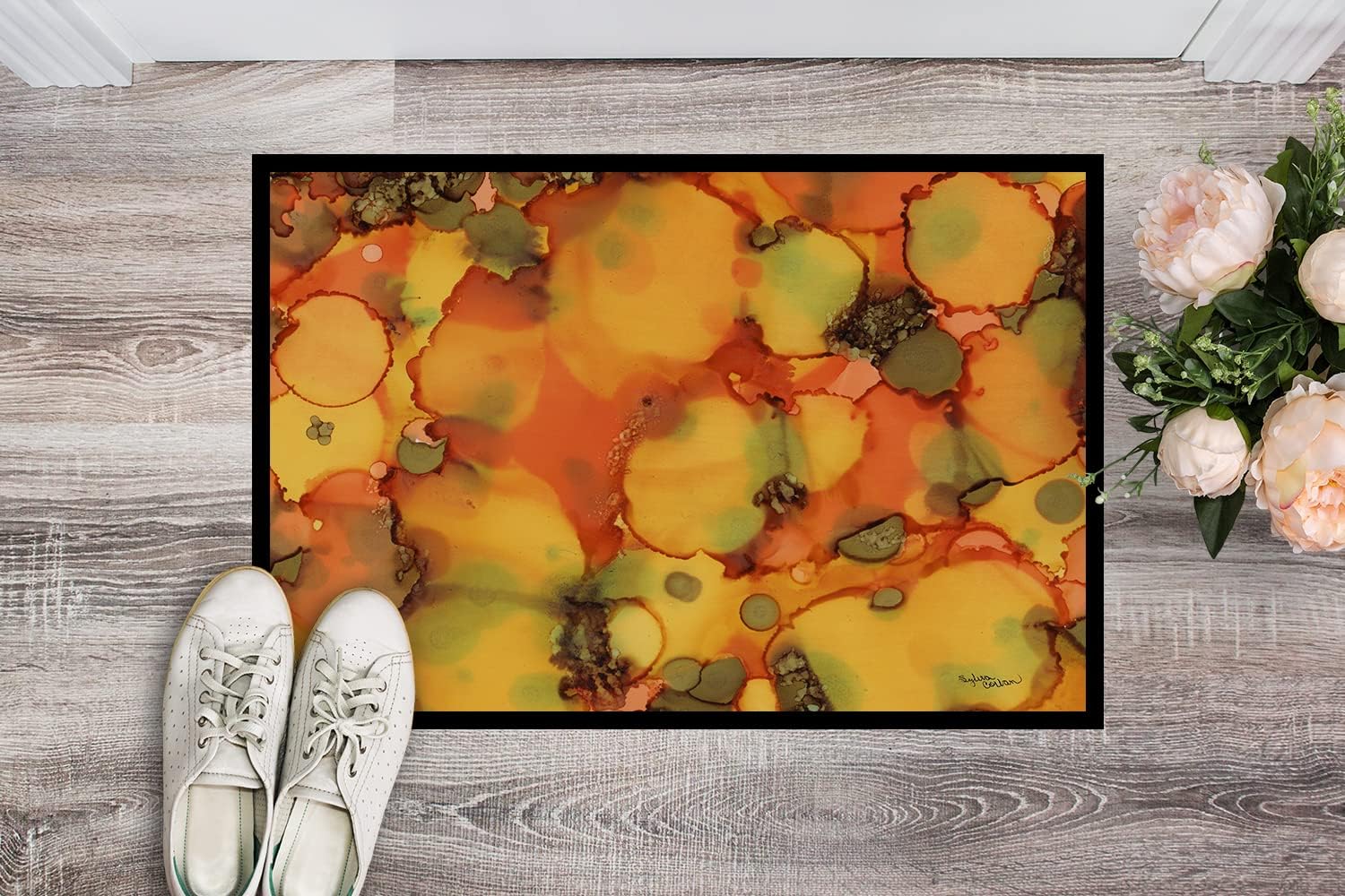 Caroline's Treasures 8976JMAT Abstract in Orange and Greens Doormat 24x36 Front Door Mat Indoor Outdoor Rugs for Entryway, Non Slip Washable Low Pile, 24H X 36W