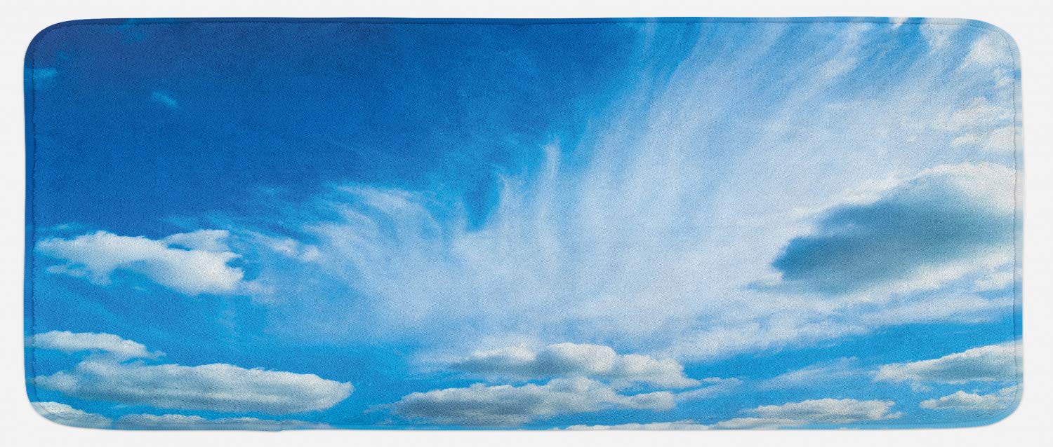 LunarableLandscape Kitchen Mat, Sky with Floating Clouds Summer Time Sunny Atmosphere Picture, Plush Decorative Kitchen Mat with Non Slip Backing, 47" X 19", Blue and White