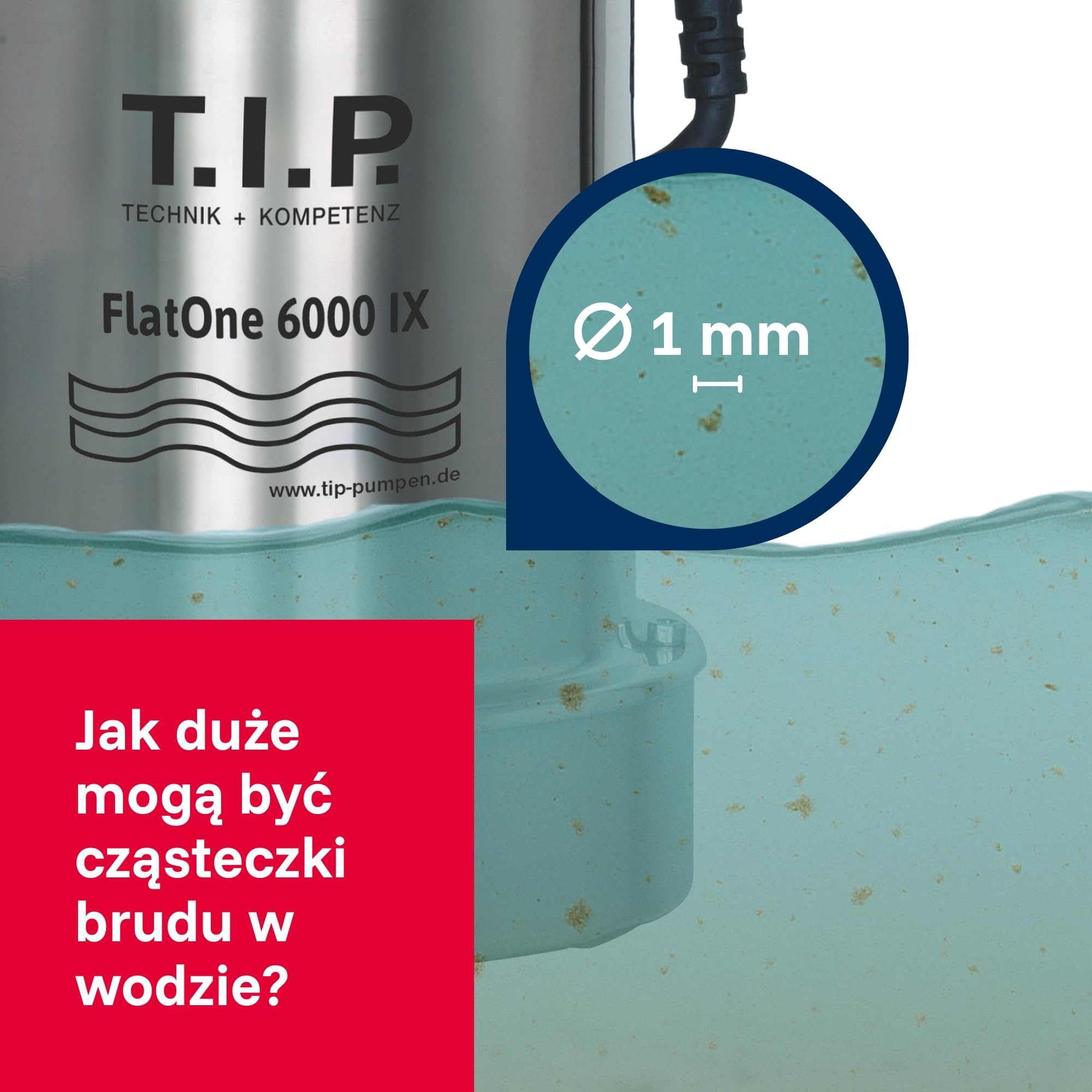T.I.P. Zanurzeniowa Pompa Drenażowa ze Stali Nierdzewnej – 6000 l/h, Płaskie Zasysanie 1mm, Zawór Zwrotny, 6m, FlatOne6000 IX, 30440