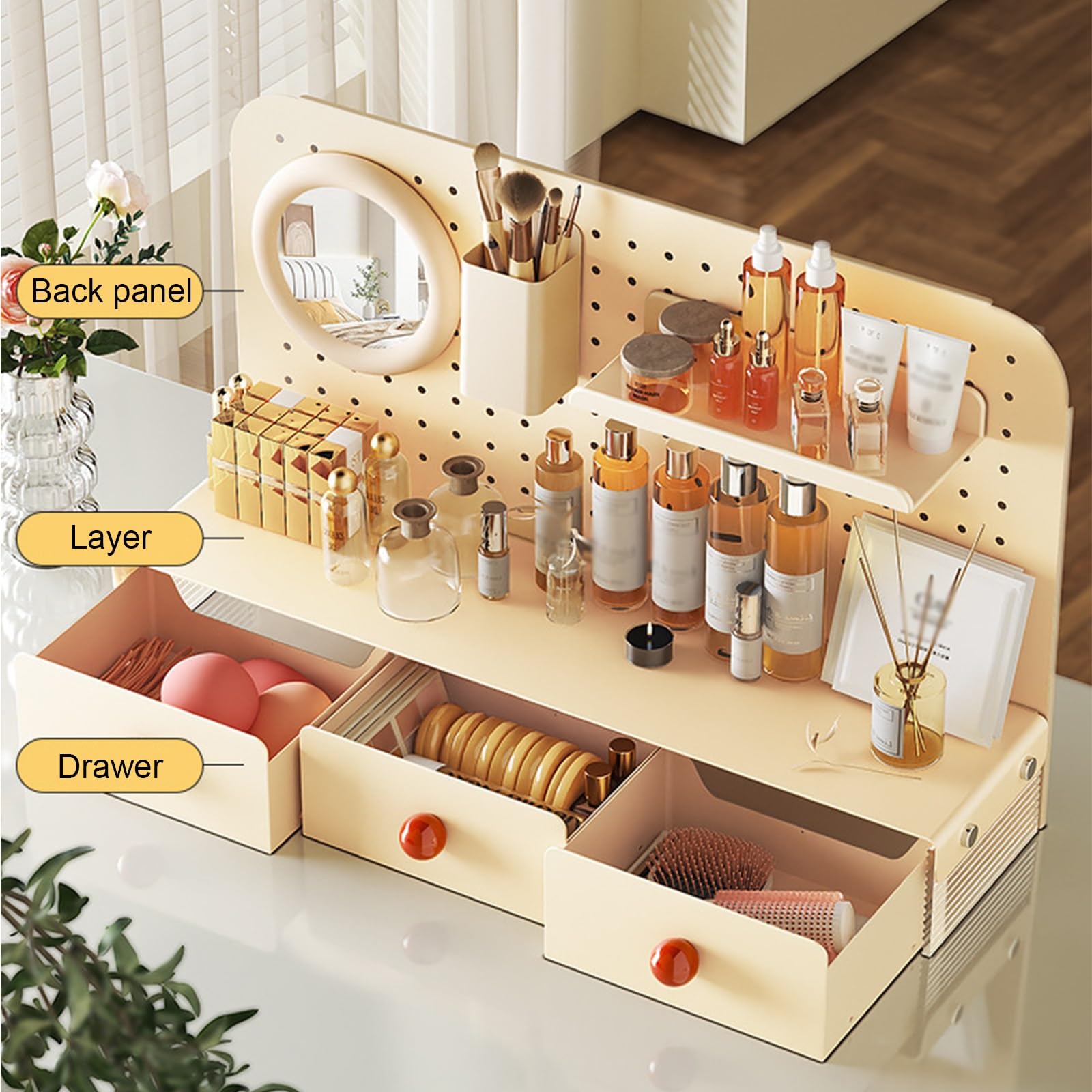 Pannello Forato da Scrivania, Pannello Forato, Porta Attrezzi da Parete, Pannelli da Parete, Pannello Portautensili, con Cassetti Portaoggetti e Accessori, Facile da Montare(Beige,S)