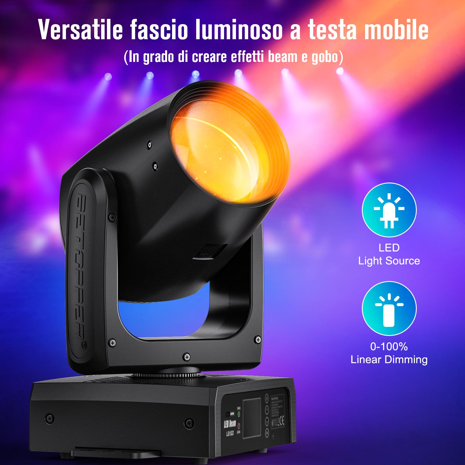 BETOPPER 150W Teste Mobile Luci Discoteca LED RGBW Beam 12 GOBO 12 Colori 1 Prisma DMX Controllo Sonoro Luci Sceniche per DJ, Festa, Bar, Matrimonio, Illuminazione da Palco, 1 Pezzo