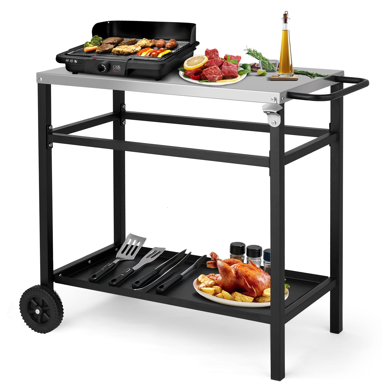 LEADZM Grillwagen - Grilltisch Outdoor, 95 x 45 x 83 cm, Schreibtisch aus Edelstahl Silber, Mit Rädern, mobil, Servierwagen für Gärten Schwarz