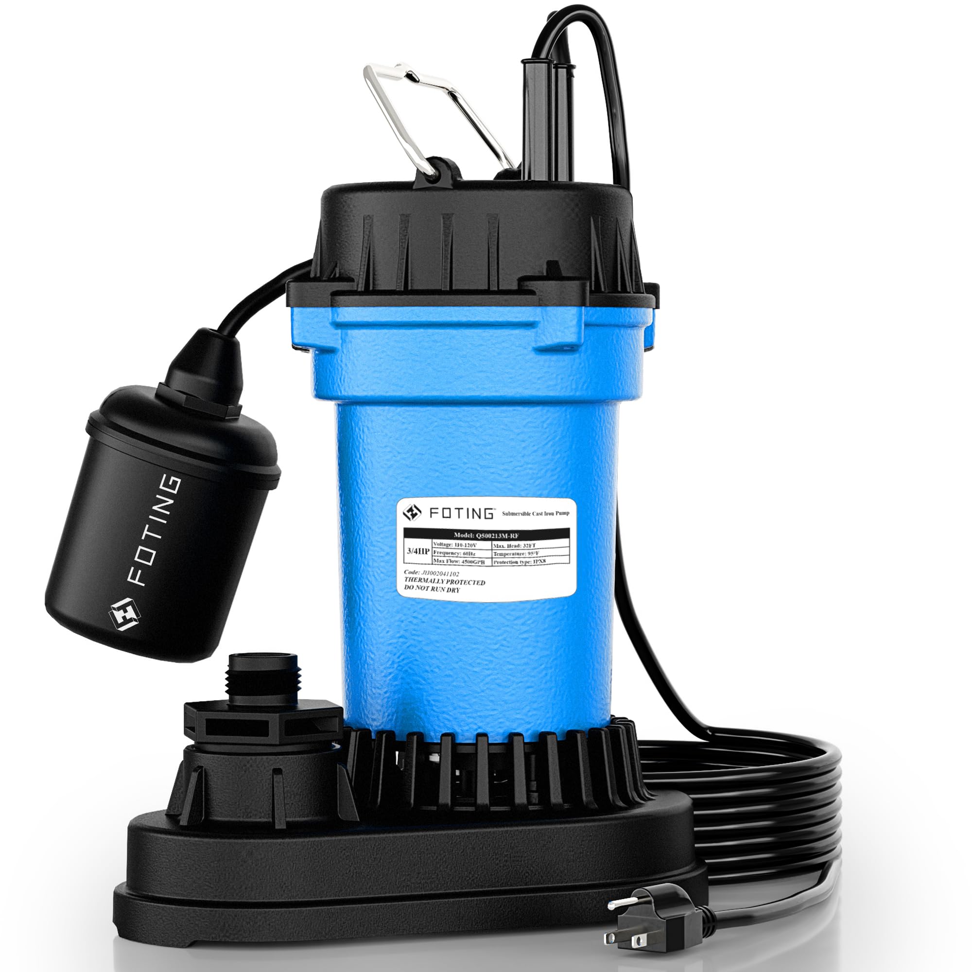 FOTING 3/4HP Submersible Sump Pump,4500 GPH Cast Iron Sewage/Effluent Pump,Automatic Tethered Float Switch,Septic Pump for Basement,Septic Tank,Basin,