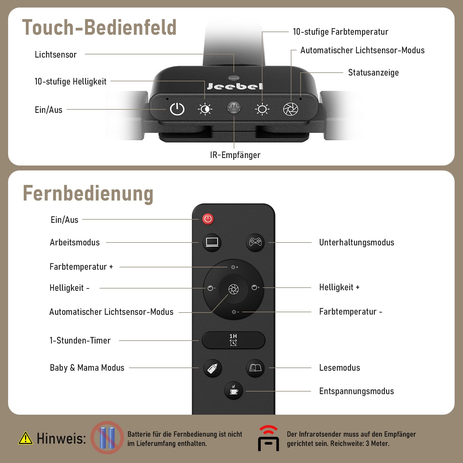 Jeebel LED Schreibtischlampe Dimmbar 24W, 1800LM 80cm Doppelkopf Schreibtisch Lampe mit Fernbedienung, Klemmbar(9,5cm), 10 Farbtemperatur 10 Helligkeitsstufe, Schwanenhals Lampe Tischlampe für Büro