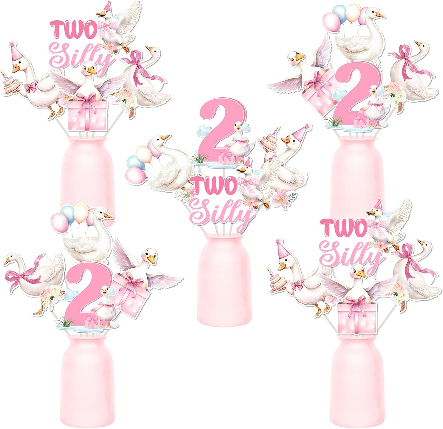 Pink Silly Goose 2nd Birthday Party Centerpieces Sticks Two Silly Goose Table Decorations Cartoon Farm Animal Decors for Girls Second Birthday Party Supplies