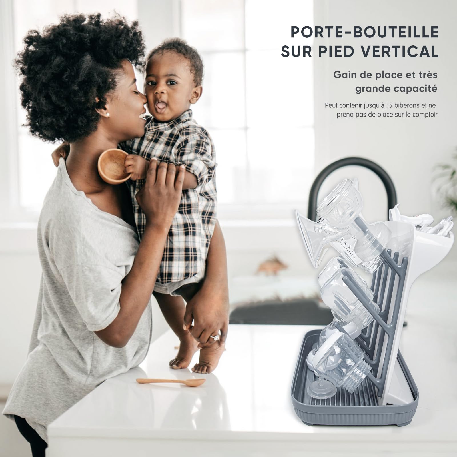 Support De Séchage pour Biberons : Grand Support Vertical pour Le Séchage des Biberons - Support De Séchage Vertical Peu Encombrant pour Le Nettoyage des Biberons Et des Pièces De Pompe (Gris)