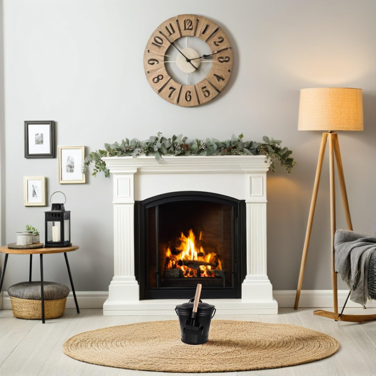 Set Secchio per Cenere in Metallo Nero con Coperchio e Pala Resistente al Calore, Contenitore ad Alta Capacità per Braciere e Stufa a Legna, Attrezzi per Caminetto per Uso Interno