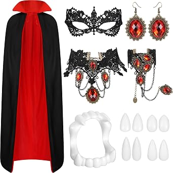 Ramede 11 Pcs Halloween Vampire Costume Set Hooded Cape Mask Earrings Choker Bracelets Tattoo Scar Fangs for Zombie