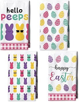 Easter Kitchen Towels Set of 4 Ultra-Absorbent Bunny & Egg Prints (18x26 Inch)