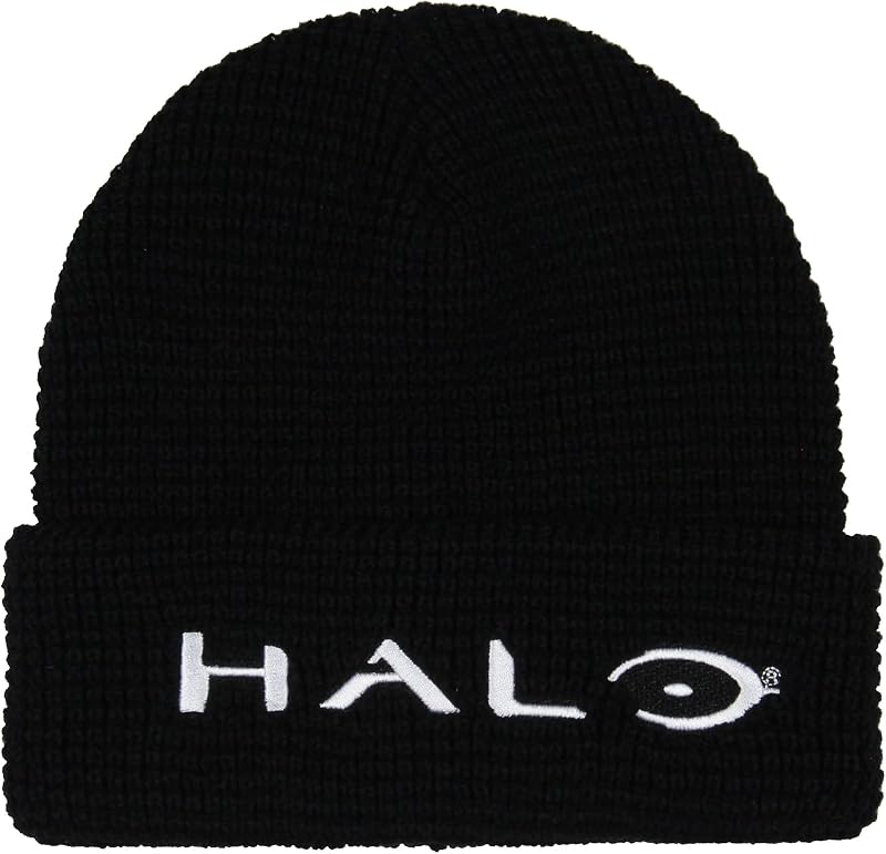 Xbox Halo Videojuego Logotipo bordado Gorro de punto tipo gofre con puños para adultos OSFM para hombres y mujeres Negro