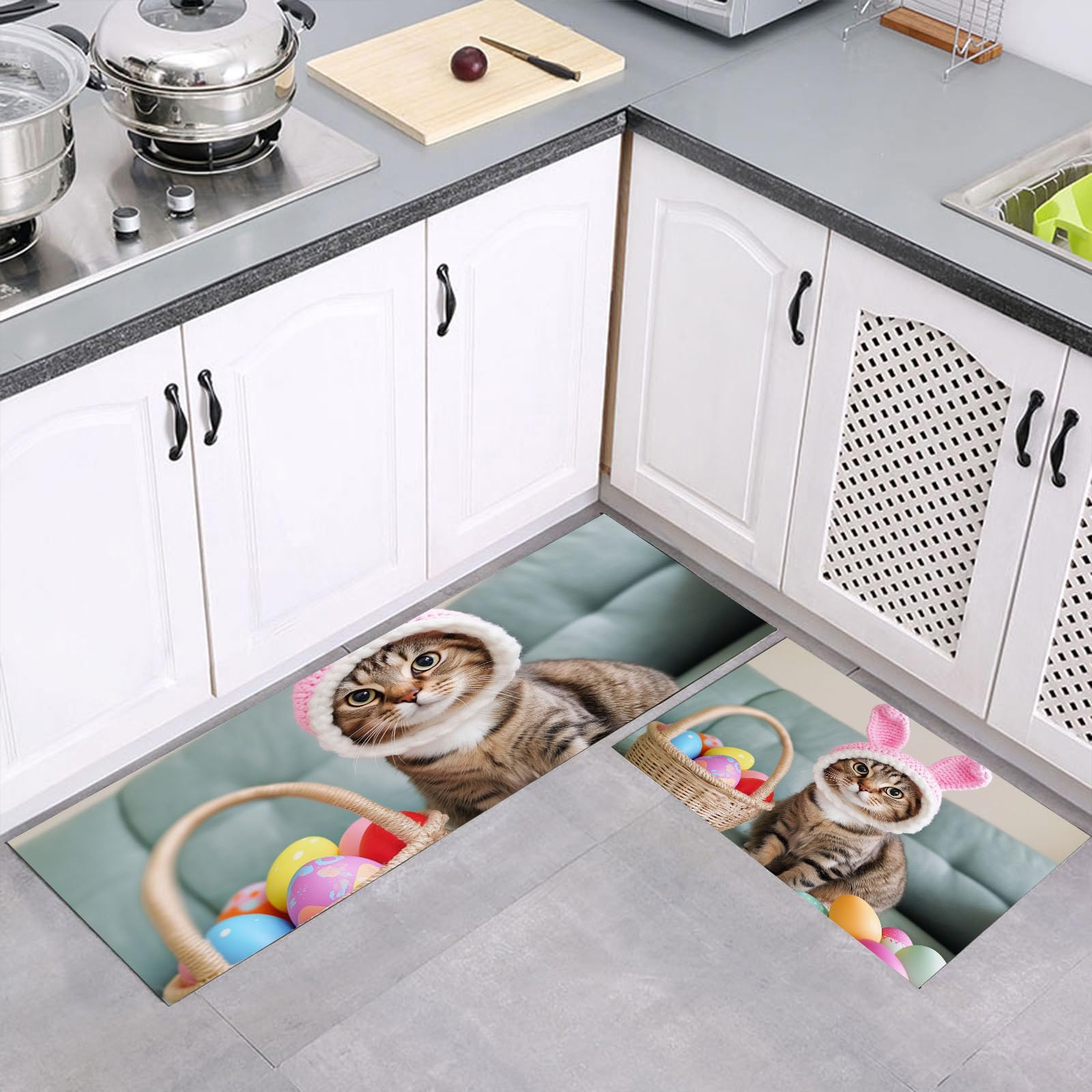 Tapis de cuisine antidérapant lot de 2 grand format lavable imprimé chat et œufs de Pâques