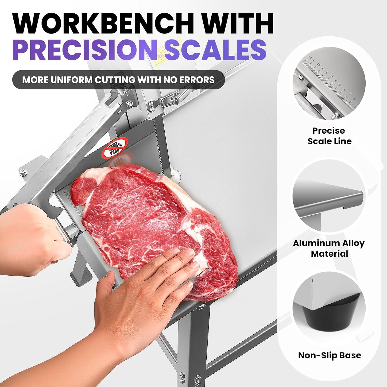 Electric Meat Bandsaw with Portable Stand, 2500W Bone Meat Cutter Machine, Stainless Steel Workbench 18.7" x 12", 0.04-7.8 In Cutting Thickness, Frozen Meat Cutter with 8 Blades for Rib Pork Beef