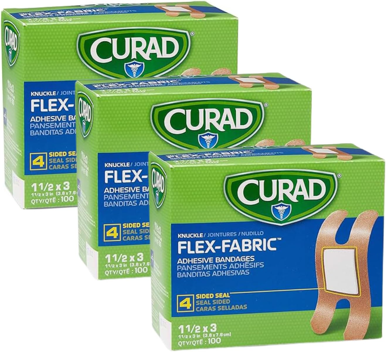 CURAD Flex-Fabric Adhesive Bandages, Knuckle, 100 CT, Pack of 3