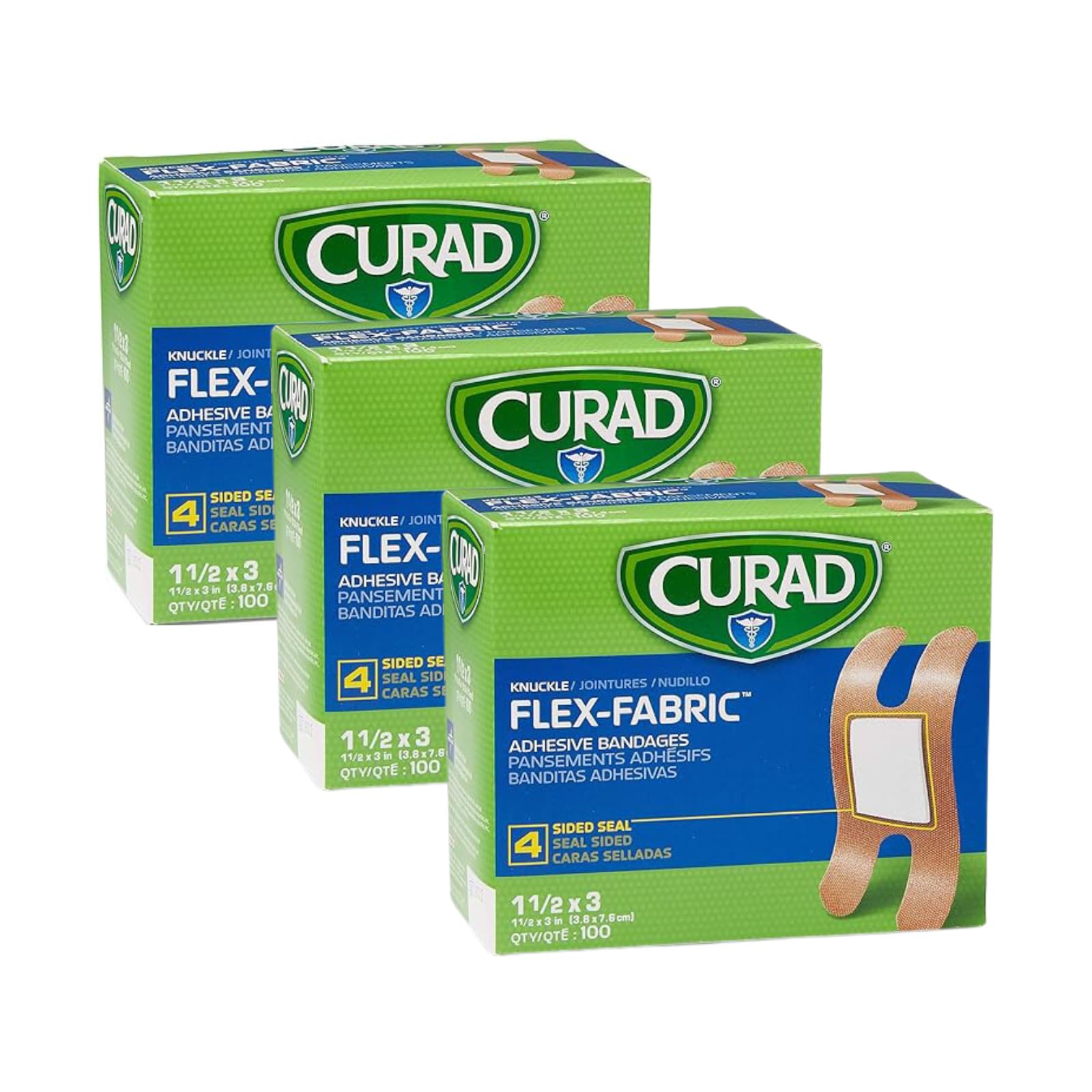CURAD Flex-Fabric Adhesive Bandages, Knuckle, 100 CT, Pack of 3