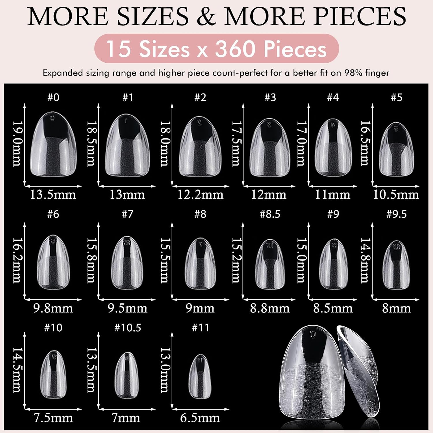 300pc XS Almond Gel Nail Tips Short Fake Nails for Press on Nails Clear Acrylic Nails Tip, 15 Size Full Cover Nail Tips Almond Soft Gel Nail Tip False Nails Extension Artificial Fingernail