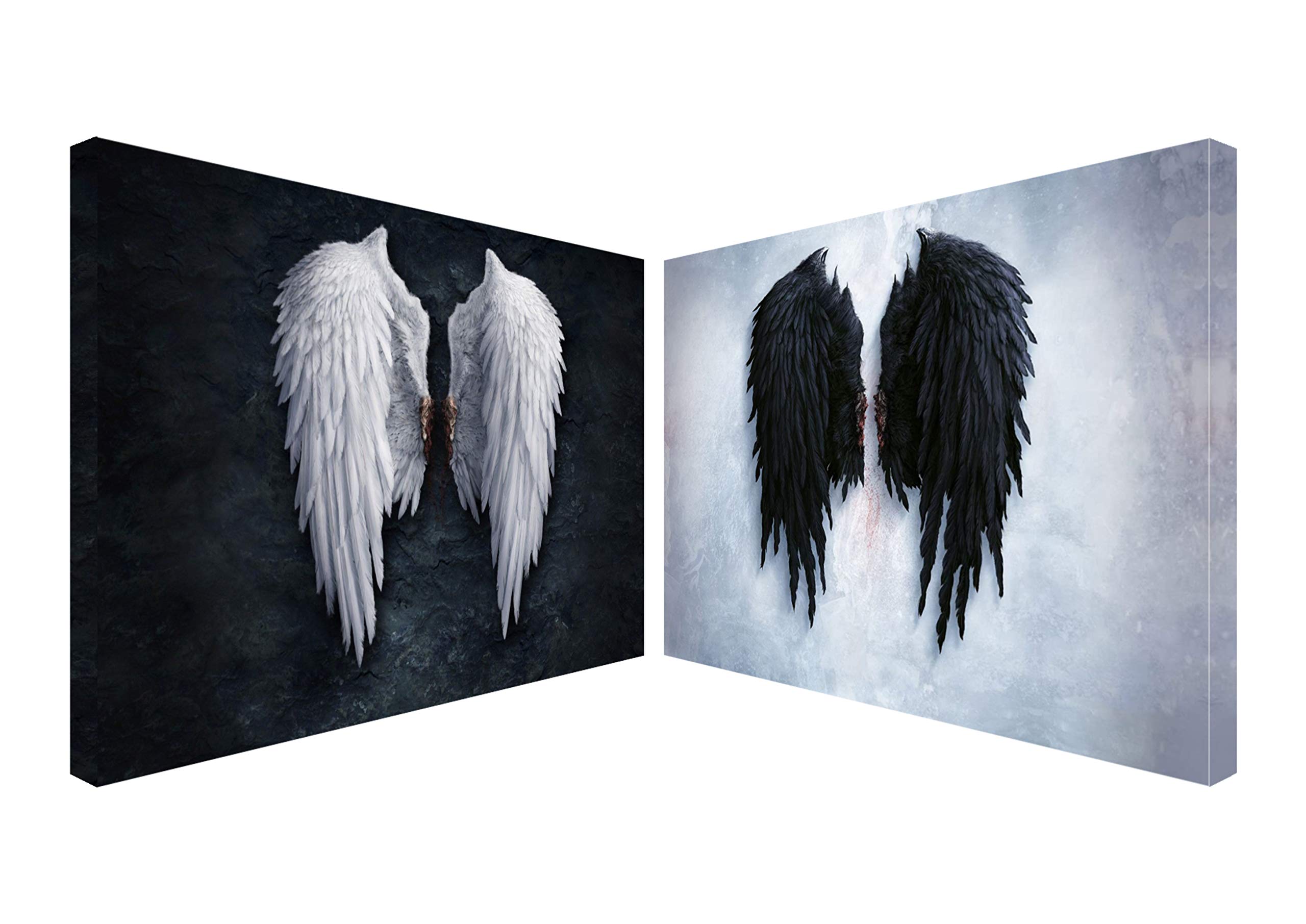 Kalikus Banksy Angel Wings Black and White Together wall art 2x Canvas print Various Sizes Large Framed Ready to Hang 30x20in (76x51cm)