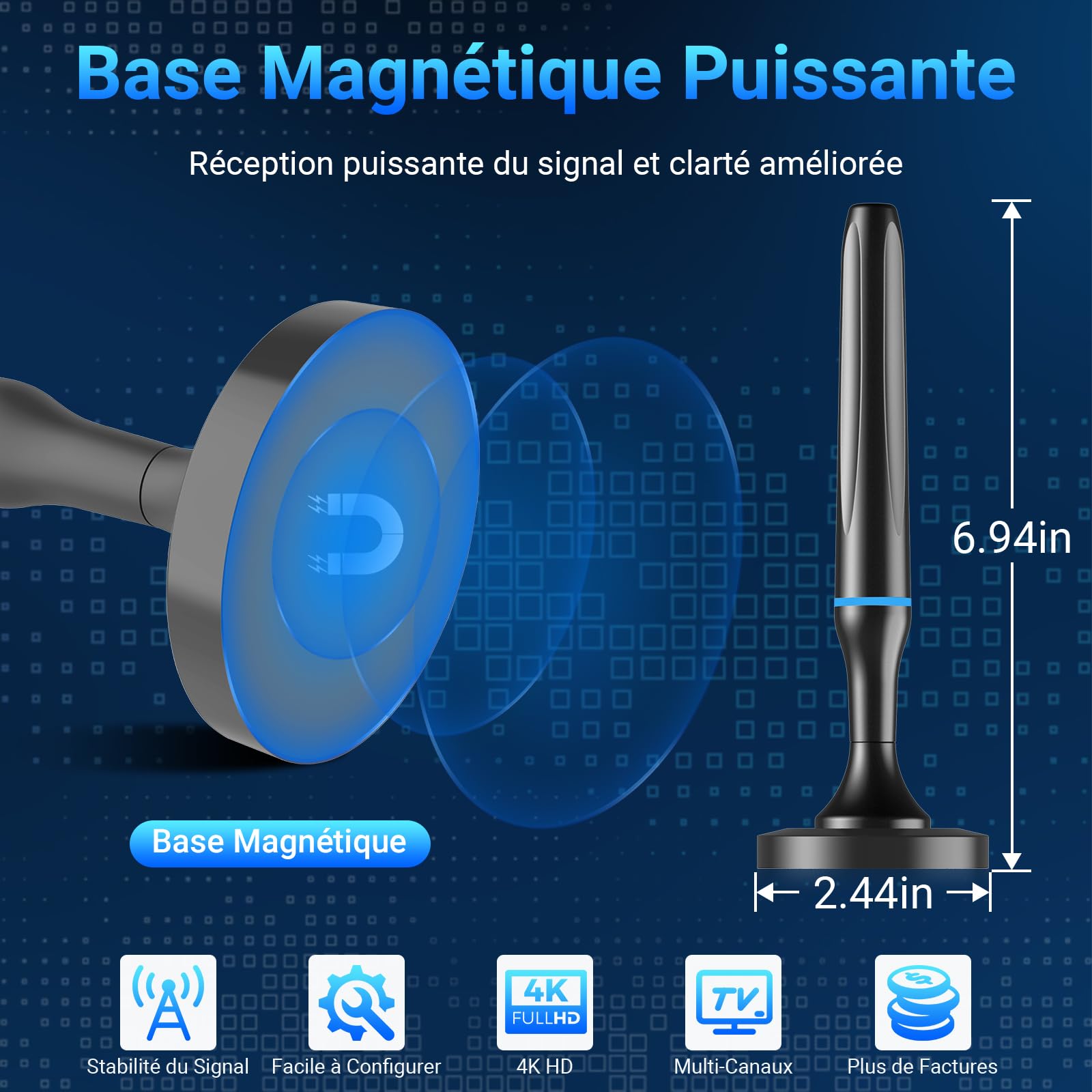 Antenne TV Intérieur Puissante TNT HD, 2026 Puissante Antenne TV Intérieur de Base magnétique puissante - 80km Réception Longue Portée à 360°, Compatible avec Portable 4K 1080P et Tous Les TVs (Bleu)