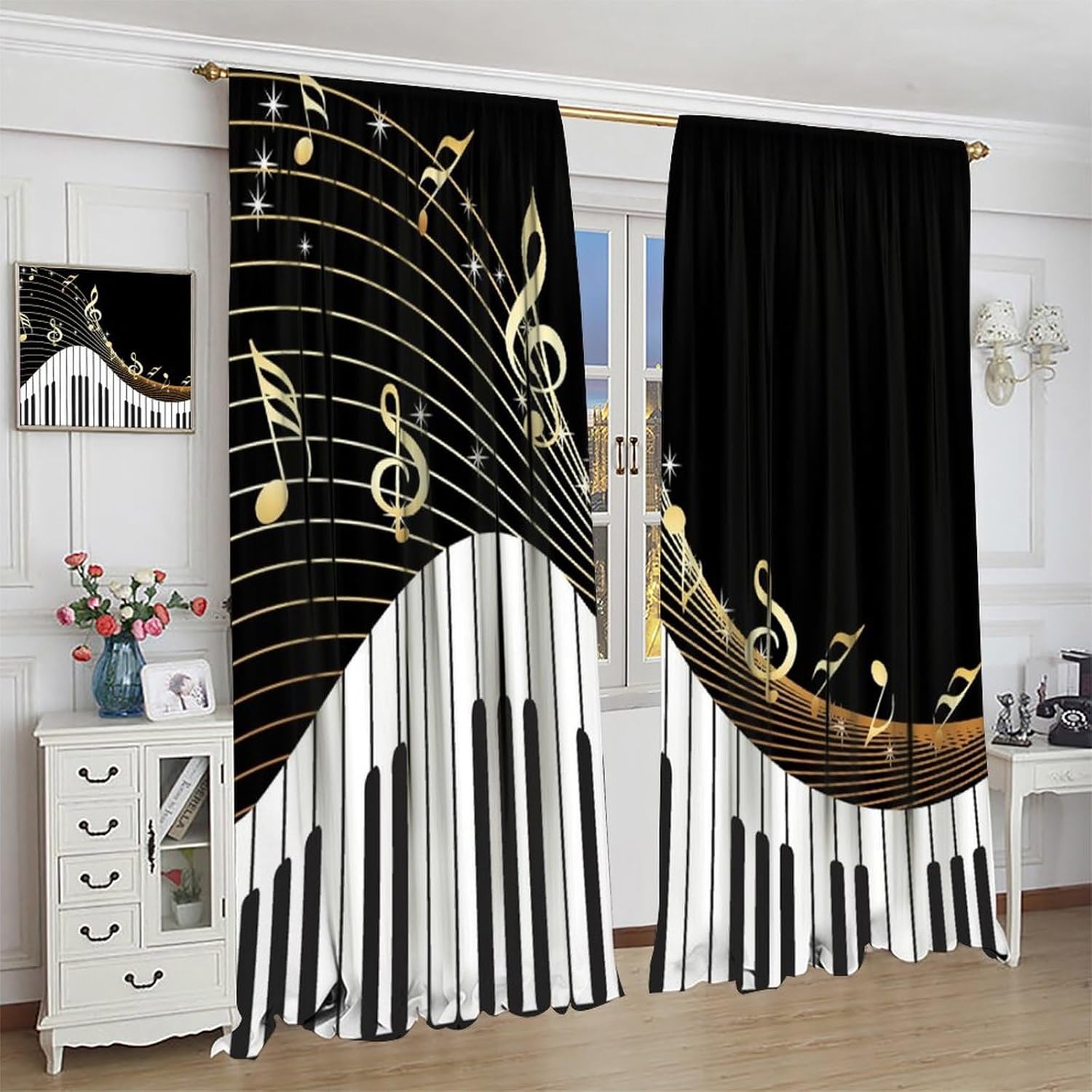 Golden Piano Music Note Curtains,Note Black White Piano Key Home Blackout Rod Pocket Window Treatments for Teens Boys Girls Bedroom Living Cafe Kitchen Restaurant Drapes 42" W X 45" L