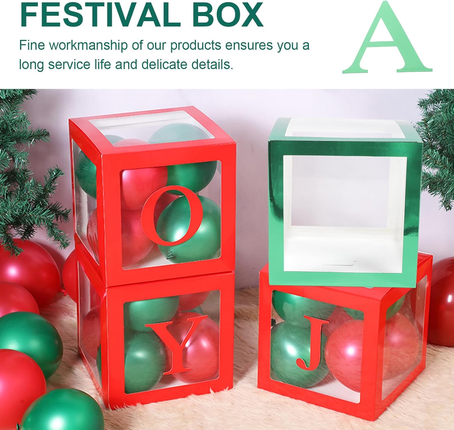 Christmas Balloon Storage Box Set, Party Balloon Case with Green and Xmas Letters, Festival Decoration Display for Holiday Events and Photo Backdrops