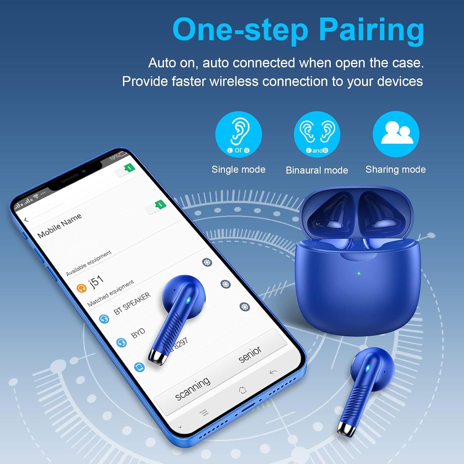 Wireless Earbuds, Bluetooth 5.4 Earbuds Stereo Bass, Bluetooth Headphones in Ear Noise Cancelling Mic, Earphones IP7 Waterproof Sports, 32H Playtime USB C Charging Case Blue Ear Buds for Android iOS - Image 5
