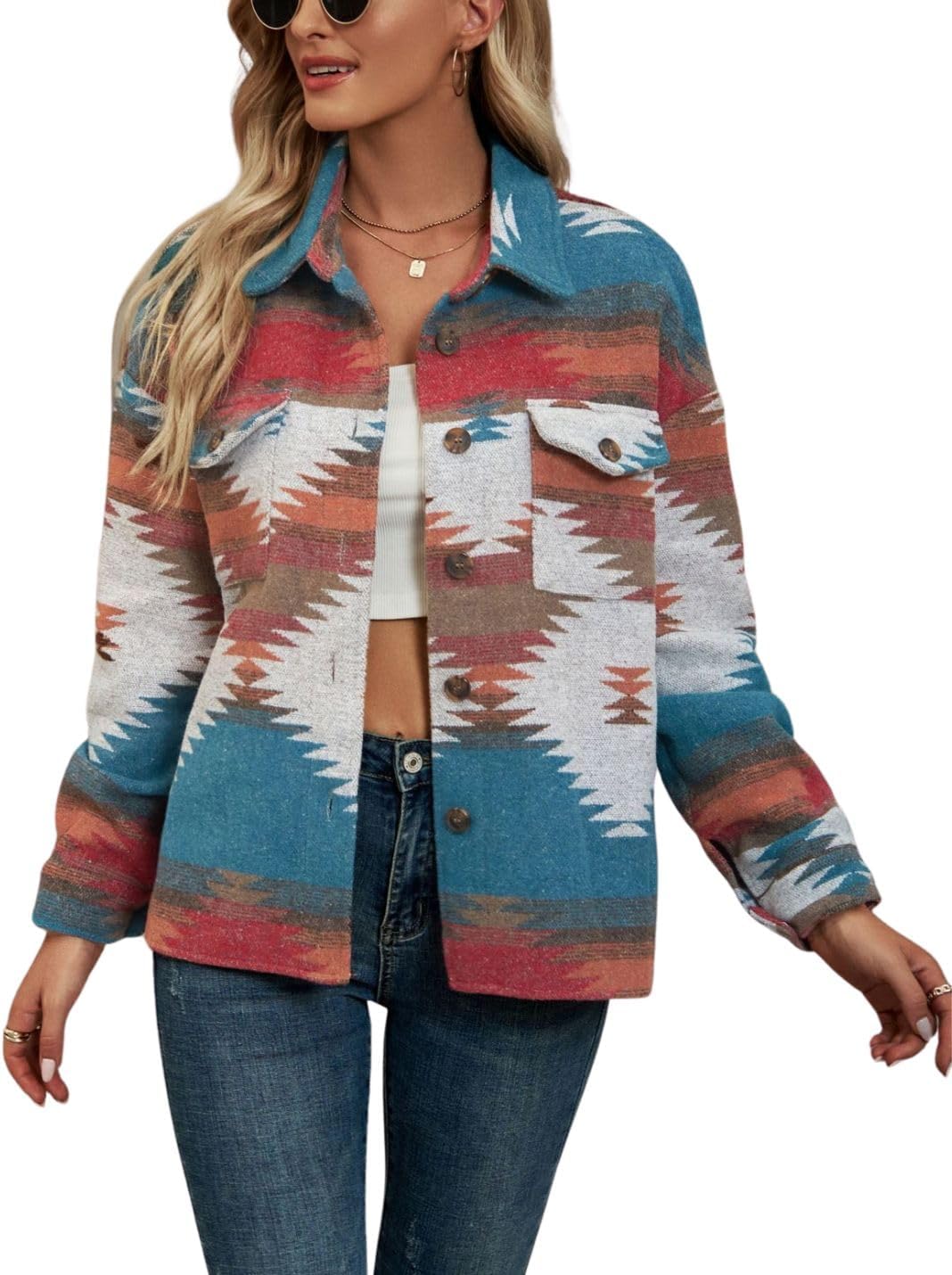 Chevara Women’s Vintage Ethnic Aztec Jacket Long Sleeve Button Up Woolen Shacket Western Jackets
