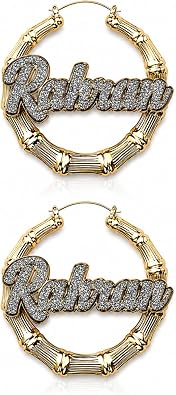 Personalized Custom Gold Bamboo Hoop Earrings with Name Plate Laser Cut Name Earrings for Women, Custom Nameplate Hoops, Hip Hop Style Jewelry, Handmade in USA, 1.5"3.5" Sizes
