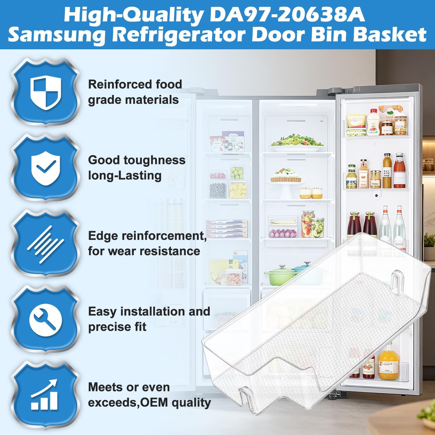 DA97-20638A Refrigerator Door Bin Shelf for Samsung Refrigerator Door Bin Upgraded DA63-09687A Samsung Door Shelf Replacement Parts RS27T5200SR RS27T5561SR RS22T5201SR RS27T5201SR RS22T5561SG Bins