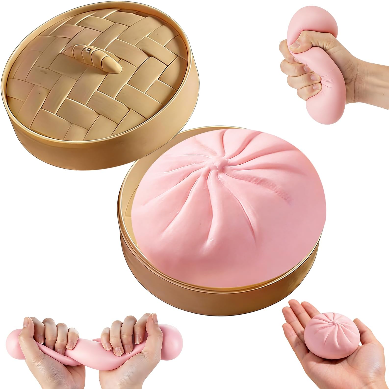 Dumpling Squishy, Mystery Squishy Dumpling Box, Soft Squeeze Dough Ball for Stress Relief, Stretchy Bun with Mini Food Steamer Desk Fidget Toy for Adults Office Home (Pink)
