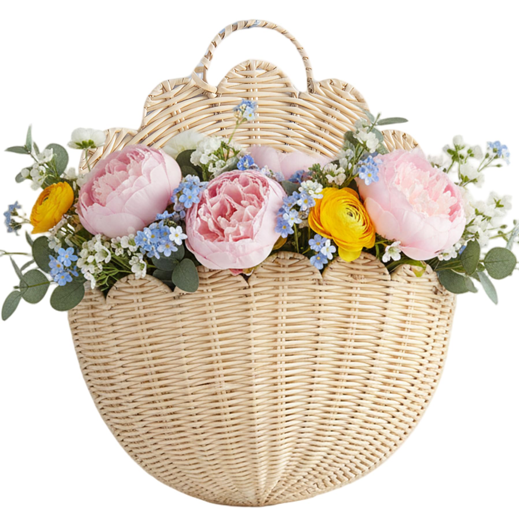 CAKEEYUM Scalloped Wall Basket Plastic Wicker Wall Baskets Hanging Scalloped Basket for Home, Bathroom, Kitchen, Living Room 15.8x9.8x6.7 inch gardening