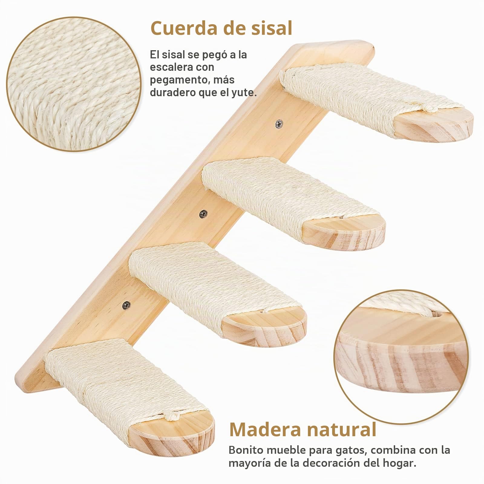 Arbol para Gatos Pared, Escalera de Madera Cuerda Sisal para Trepadores | DaizySight Escalera para Gatos Estantes para Escalada, 4 Escalon Accesorios de Gimnasio Gatos Montadas en la Pared de Madera