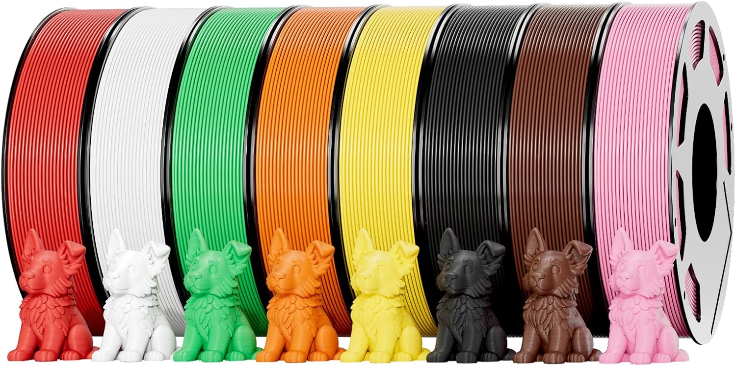 8-Color PLA Filament Bundle Set for 3D Printers 1.75 mm, 8 Pack Filament Refills, 269 FT 250 g Per Spool, 2 kg in Total, White, Black, Red, Green, Yellow, Pink, Orange Yellow, Brown
