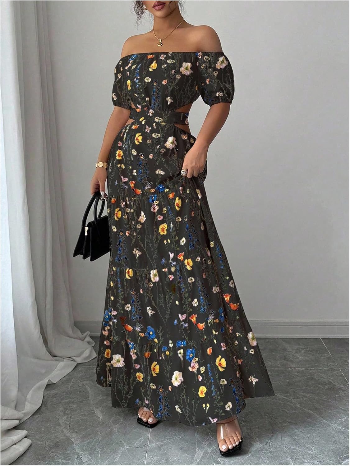 OYOANGLE Women's Floral Print Off The Shoulder Short Sleeve Boho Maxi Dress Cut Out Ruffle A Line Dresses - Image 5