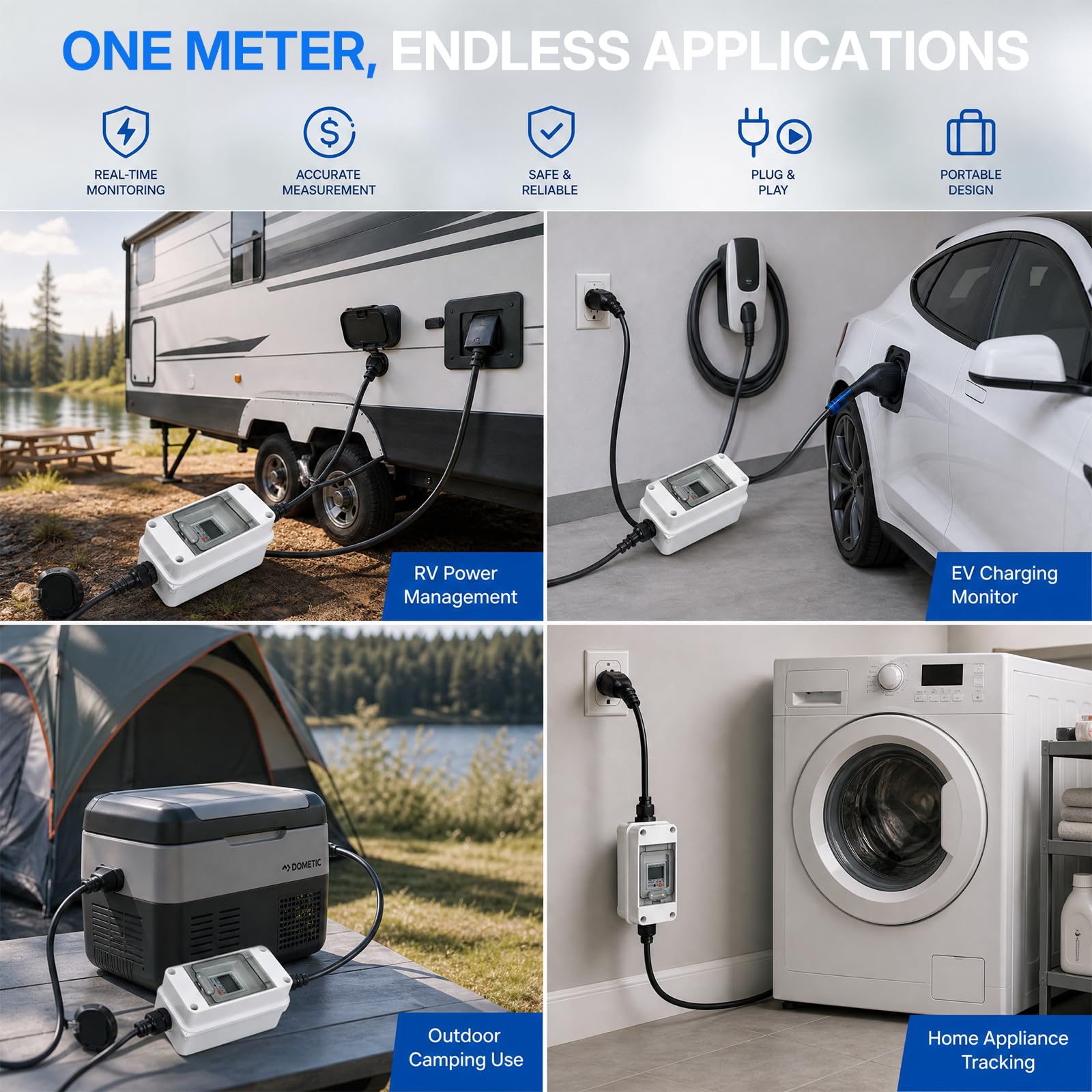 Contador Eléctrico Digital Portátil, 230V 16A, IP65, Reinicio, Cable 1m | Ideal para autocaravana, Vehículo eléctrico, Hogar, Lectura digital fácil, Resistente al agua IP65, Cálculo preciso