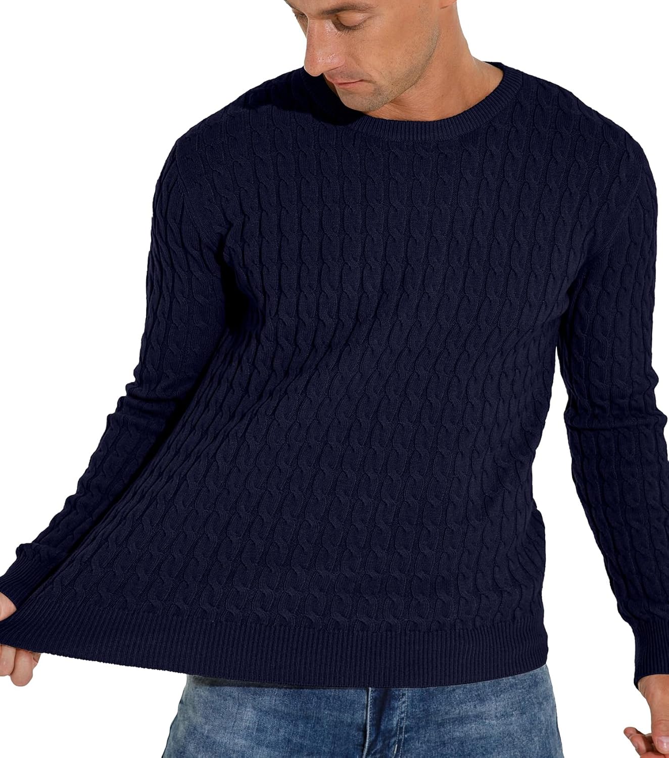 Askdeer Men's Pullover Sweater Crewneck Cable Knit Long Sleeve Sweater Classic Soft Knitted Sweaters with Ribbing Edge Navy Blue