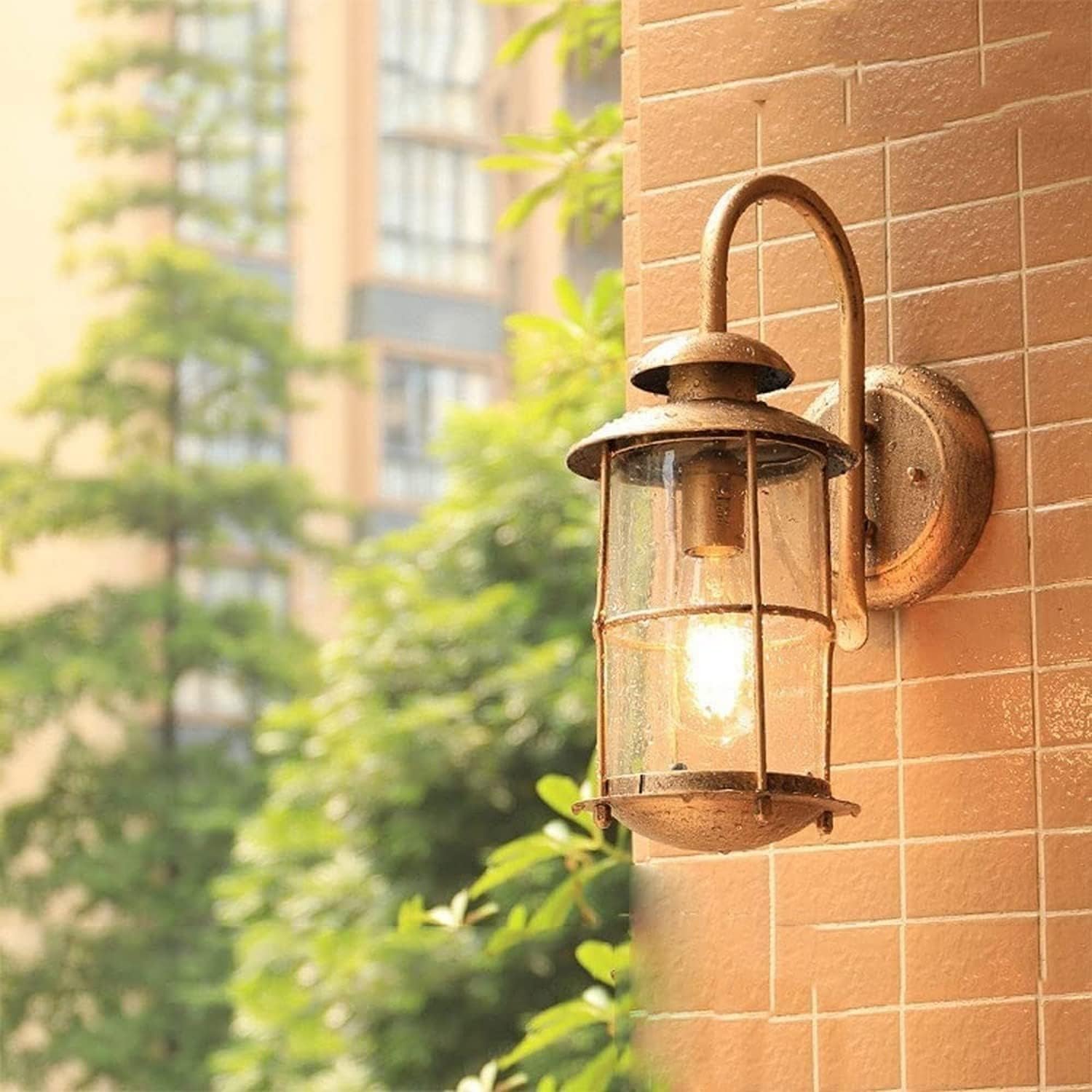 OZBMA European Style Waterproof Wall Lamp E27 Antique Outdoor Light Rainproof Wrought Iron Glass Lamp,Chandeliers (Bronze)