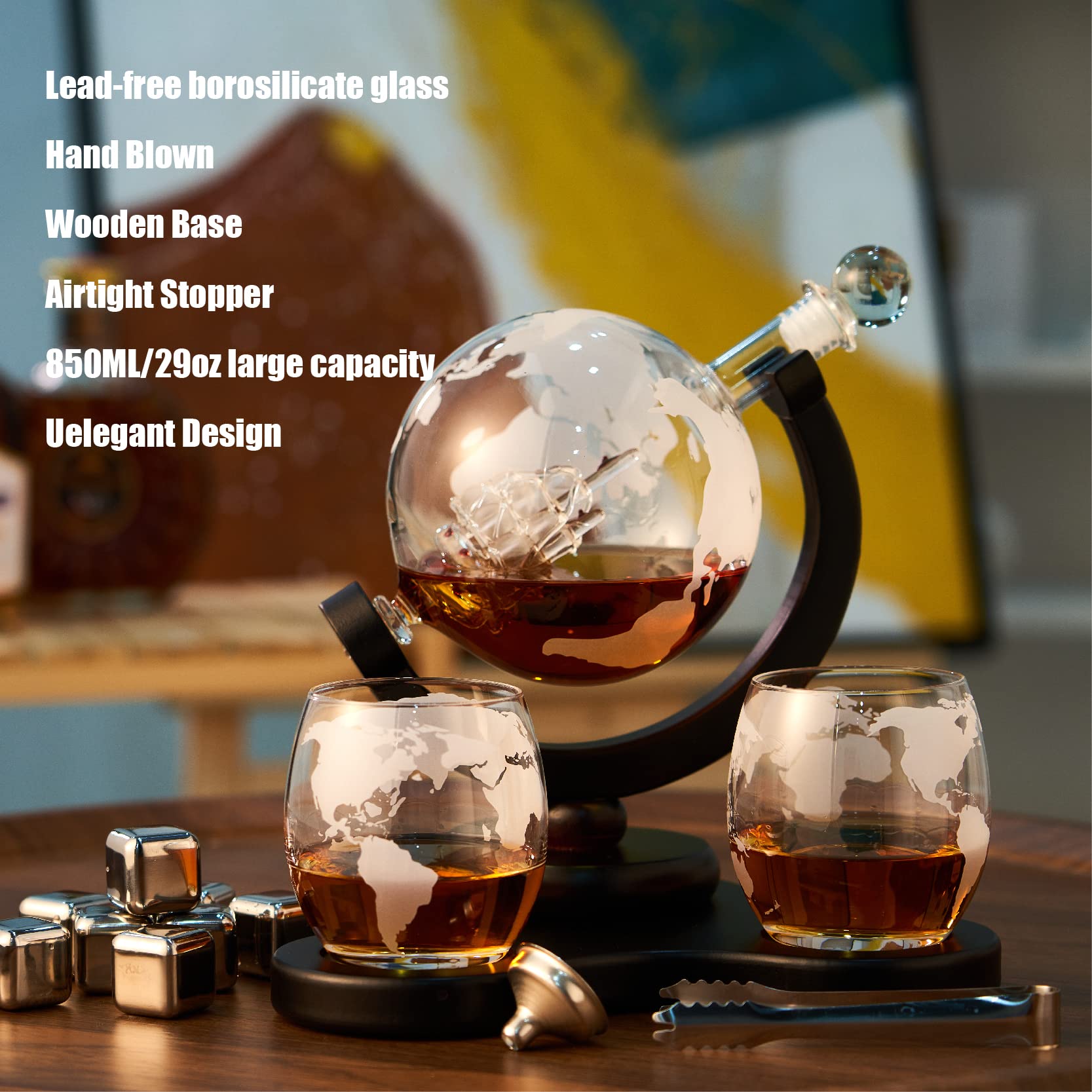Carafe à Whisky Globe Set 850ml,avec 2 Verres Globe Gravés, Entonnoir en Acier Inoxydable et 8 Pierres à Whisky en Acier Inoxydable,Cadeau Anniversaire Fête des Pères pour Homme (A-850ML)