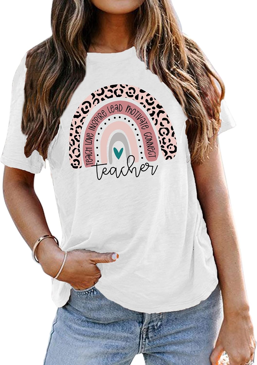 Teacher Shirt For Women - Teach Rainbow Leopard Graphic Tee, Inspirational Teacher Gift, Bleach Blue - View #3