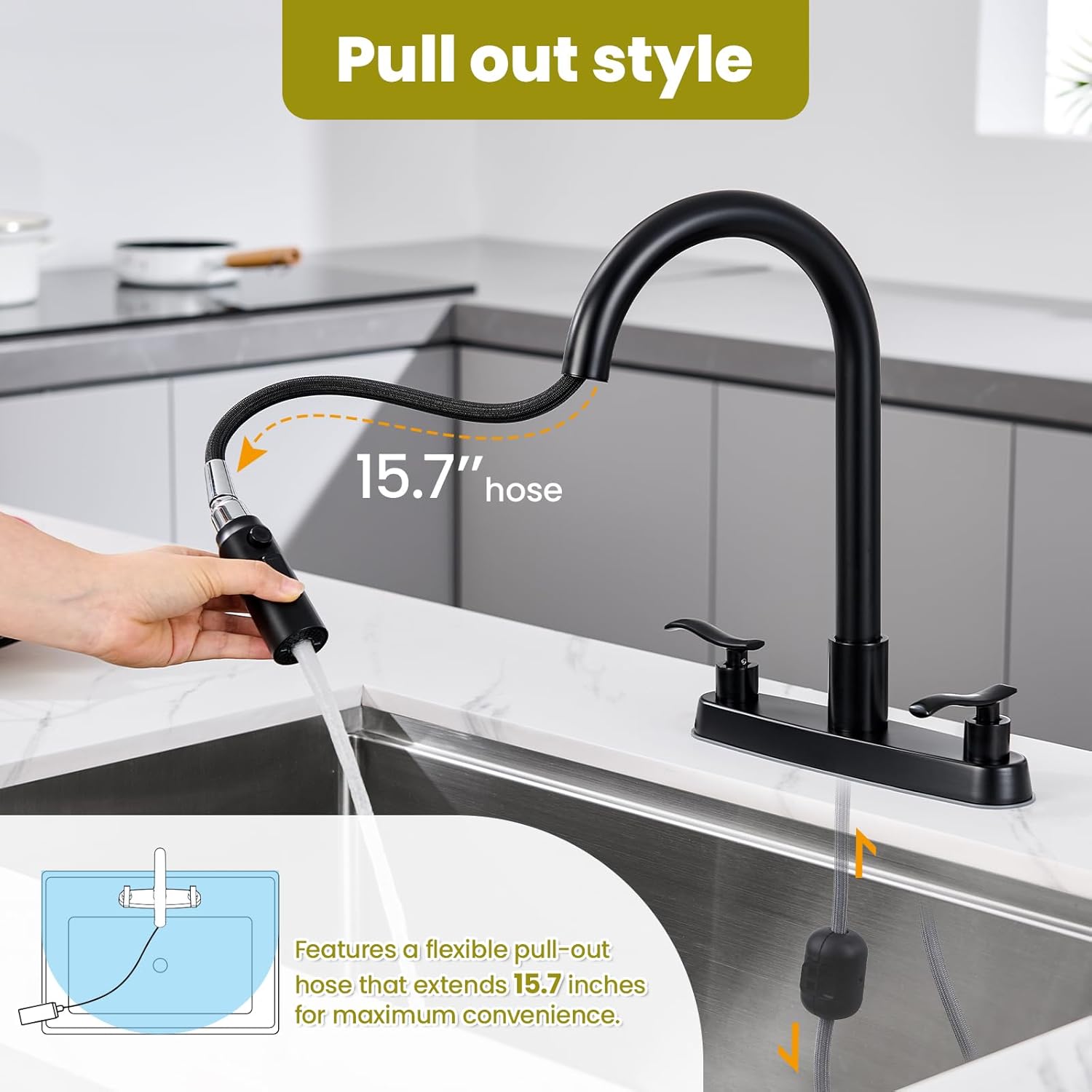 Kitchen Faucet with Pull Down Sprayer for 3-Hole Sink, Matte Black 8-Inch Centerset 2-Handle Kitchen Sink Faucet