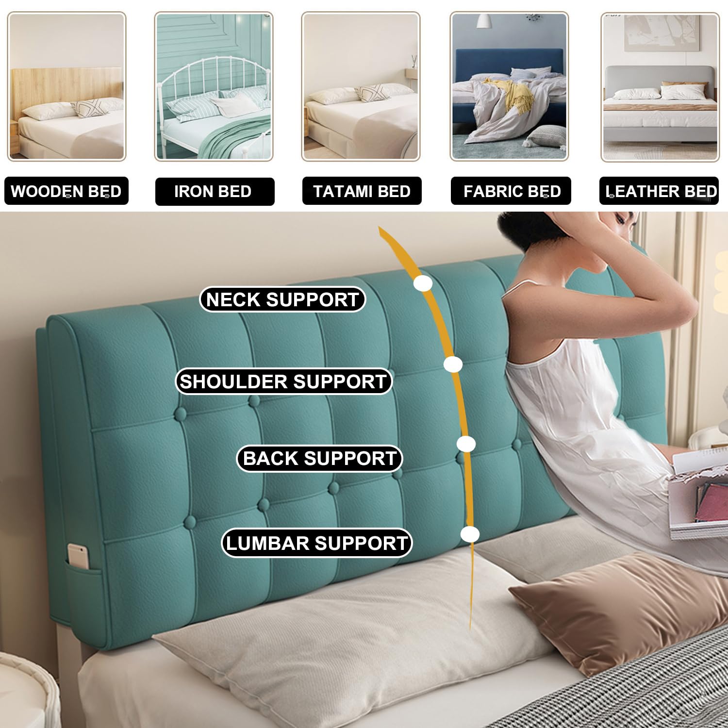 Cabecero grande tapizado de piel sintética verde con funda extraíble para dormitorio, litera, respaldo de apoyo lumbar con correas (79 x 23 x 2 pulgadas)