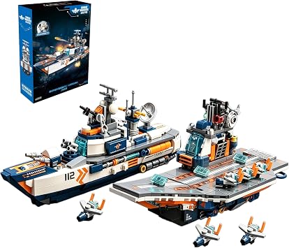 Aircraft Carrier & Super Cruiser Building Block Set, 685 PCS Compatible with Lego Military Navy Sets, 2-in-1 Battle Fleet with 6 Mini Aircraft, for Teens & Adults Age 14+, Desktop Display