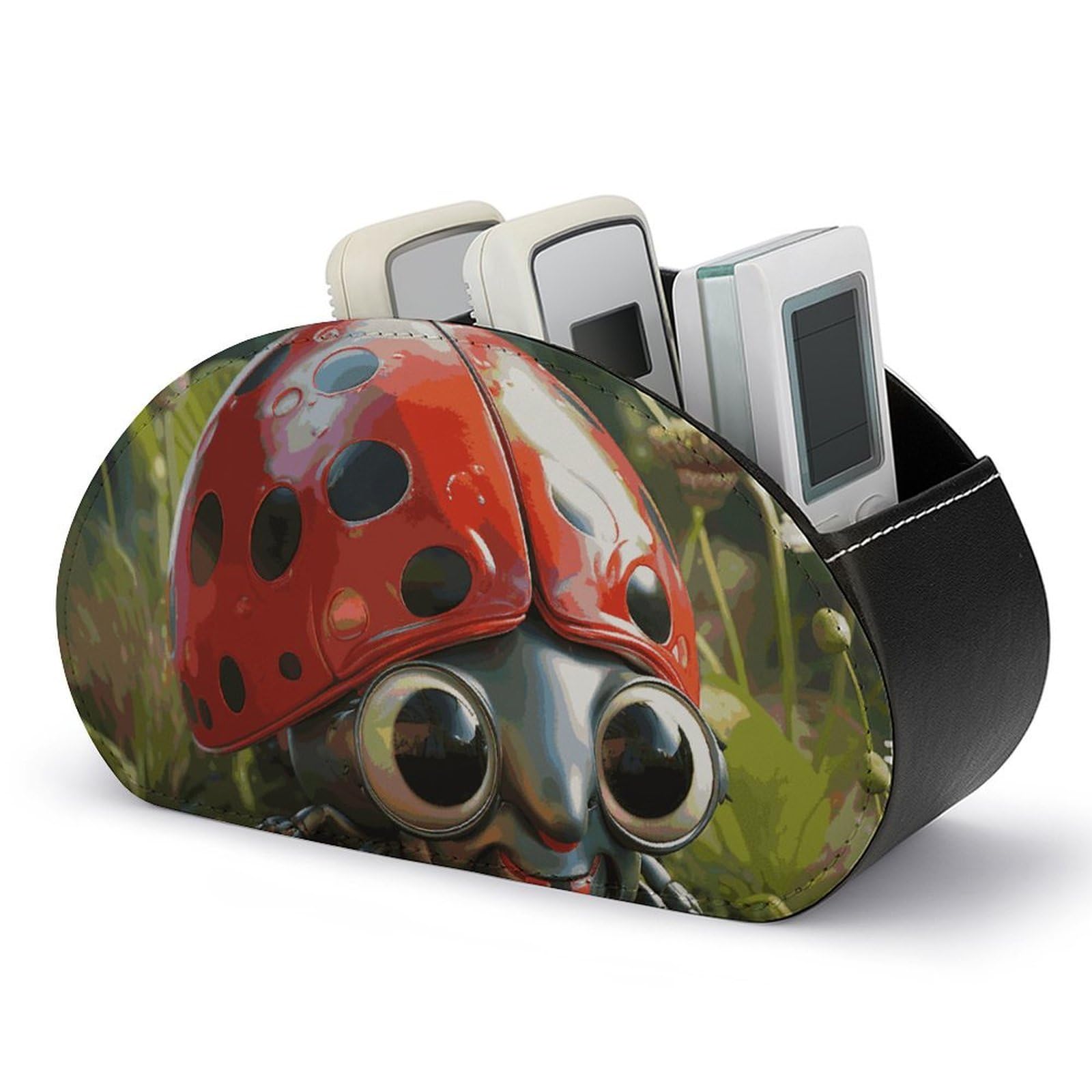JTREHY Cartoon Ladybug Remote Control Holder with 5 Compartments PU Leather Remote Caddy Box Multifunctional Desk Holder Organizer Box Tray Bedside Table Storage Organizer